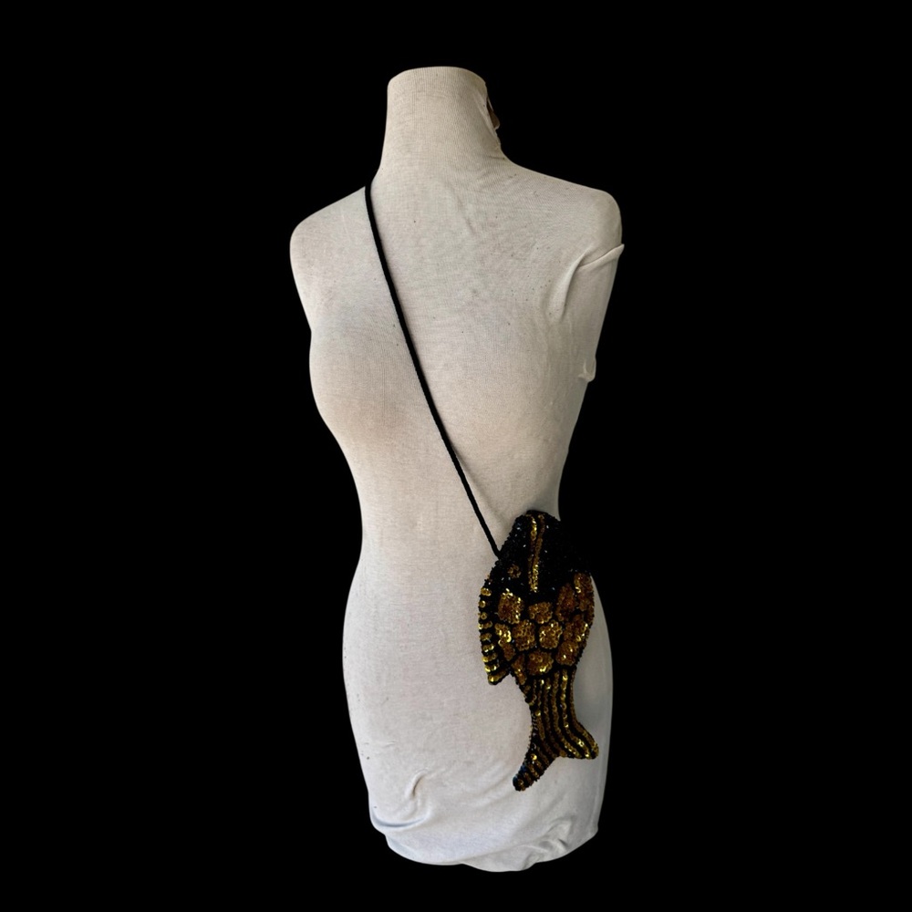 Vtg Sequin Fish Bag Gold Beaded Crossbody Shoulder Resort Beach 70s 80s Boho - Picture 3 of 5